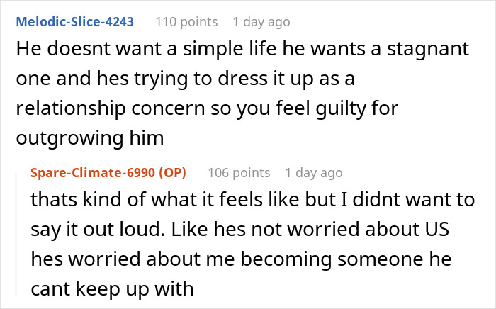 Screenshot of a Reddit conversation about a woman stunned after her success is seen as a threat in her relationship.