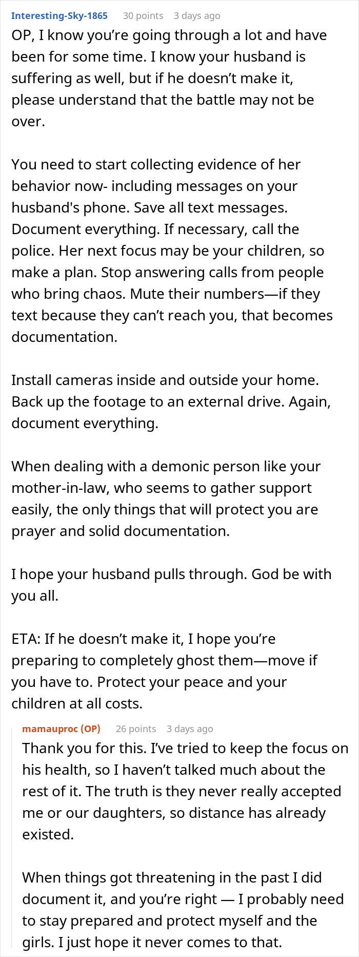 Reddit advice on handling a toxic mother-in-law with a terminal son and protecting family through documentation and caution.