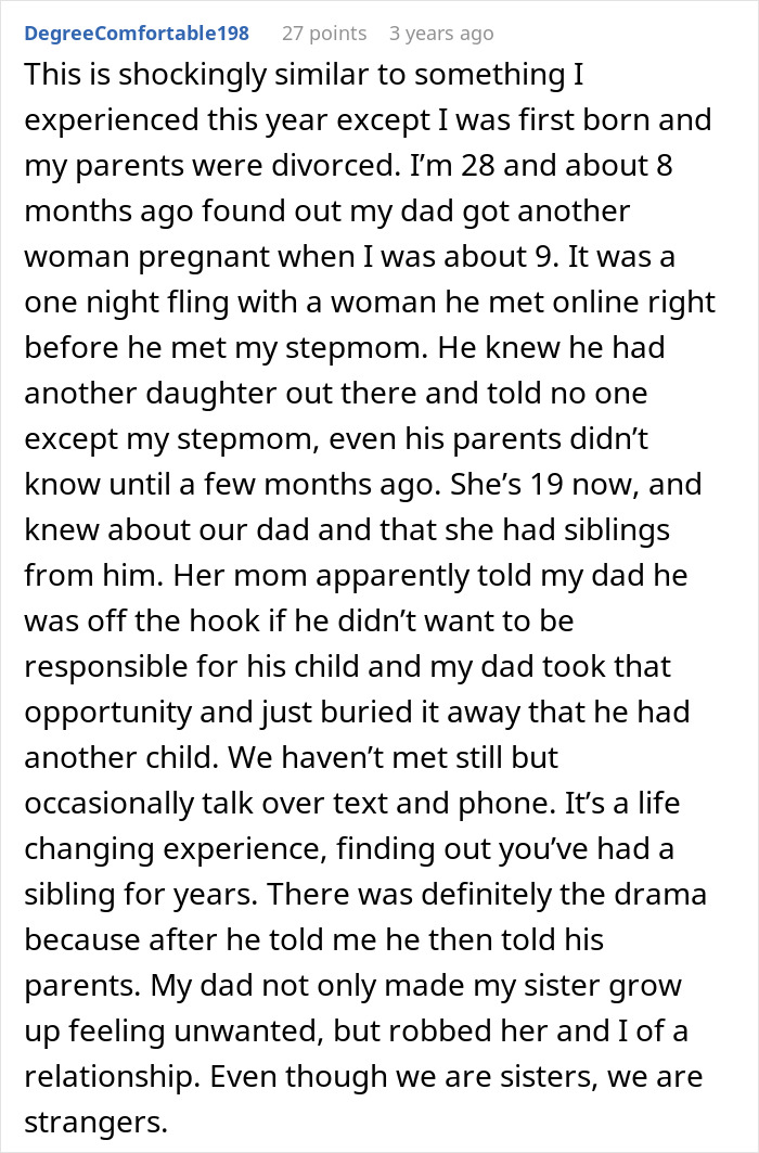 Comment text describing a woman&rsquo;s emotional experience after learning her father had a secret son, causing family drama.
