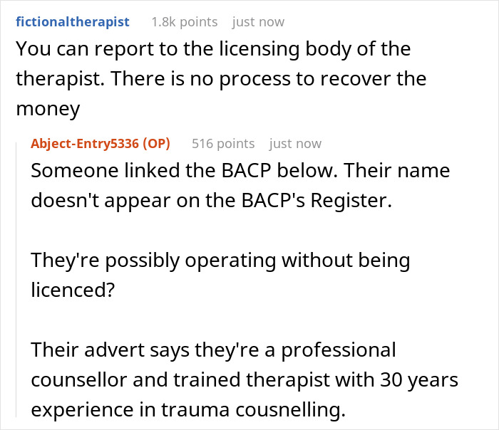 Reddit comments discussing unlicensed therapist and concerns after man funds &pound;3K therapy to fix marriage.