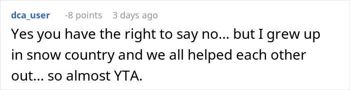 Comment discussing woman's refusal to lend her new snow blower to an unknown neighbor in an online forum.