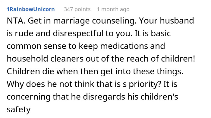 Comment about daughter-in-law wanting mother-in-law to keep medications out of kid&rsquo;s reach and husband lecturing her.