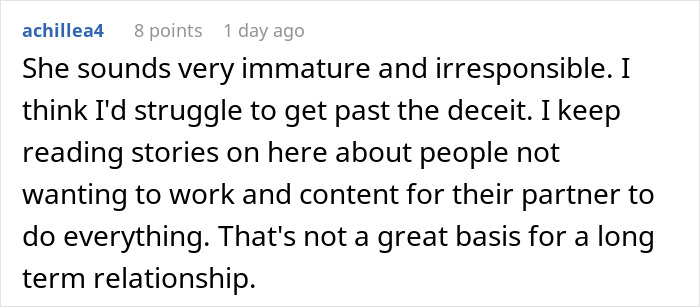 Screenshot of a Reddit comment criticizing immaturity and deceit in a gf who pretends to work while boyfriend is mortified.