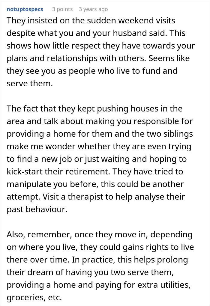 Comment discussing a woman fed up with in-laws constantly showing up unannounced and their plans to move in.