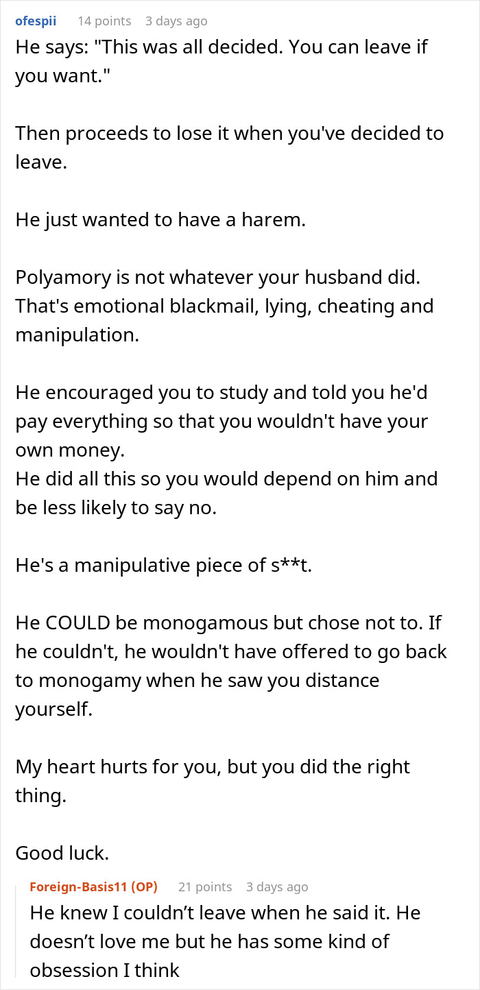 Comment discussing emotional manipulation and control in a toxic polyamory relationship leading to the woman leaving.