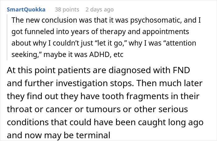 Screenshot of an online comment discussing years of therapy and misdiagnosis related to chronic throat pain mystery.