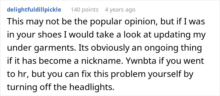 Comment suggesting updating undergarments after learning about embarrassing work nickname, referencing bras and personal insight.