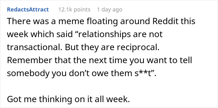 Screenshot of Reddit post discussing relationships being reciprocal and not transactional, reflecting on favors and family dynamics.