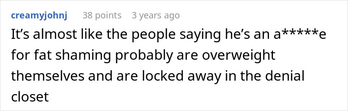 Comment text on a black background discussing fat shaming and struggles with accepting a wife's weight gain.