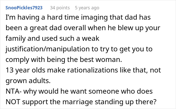 Comment discussing daughter refusing to play wedding cheerleader or best woman for dad and his mistress, questioning his intent.