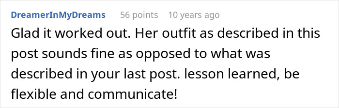 Screenshot of a forum comment discussing flexibility and communication in a relationship where the girlfriend refuses to wear dresses.