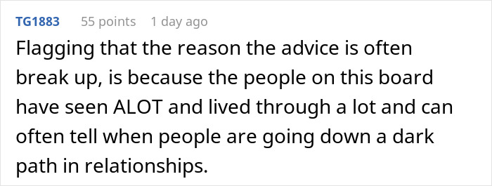 Screenshot of a forum comment about relationship advice and signs of trouble as man can&rsquo;t handle girlfriend&rsquo;s maid of honor duties.