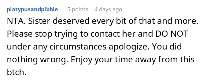 Screenshot of a Reddit comment supporting a woman firing back after sister insults her, with husband embarrassed and kids confused.