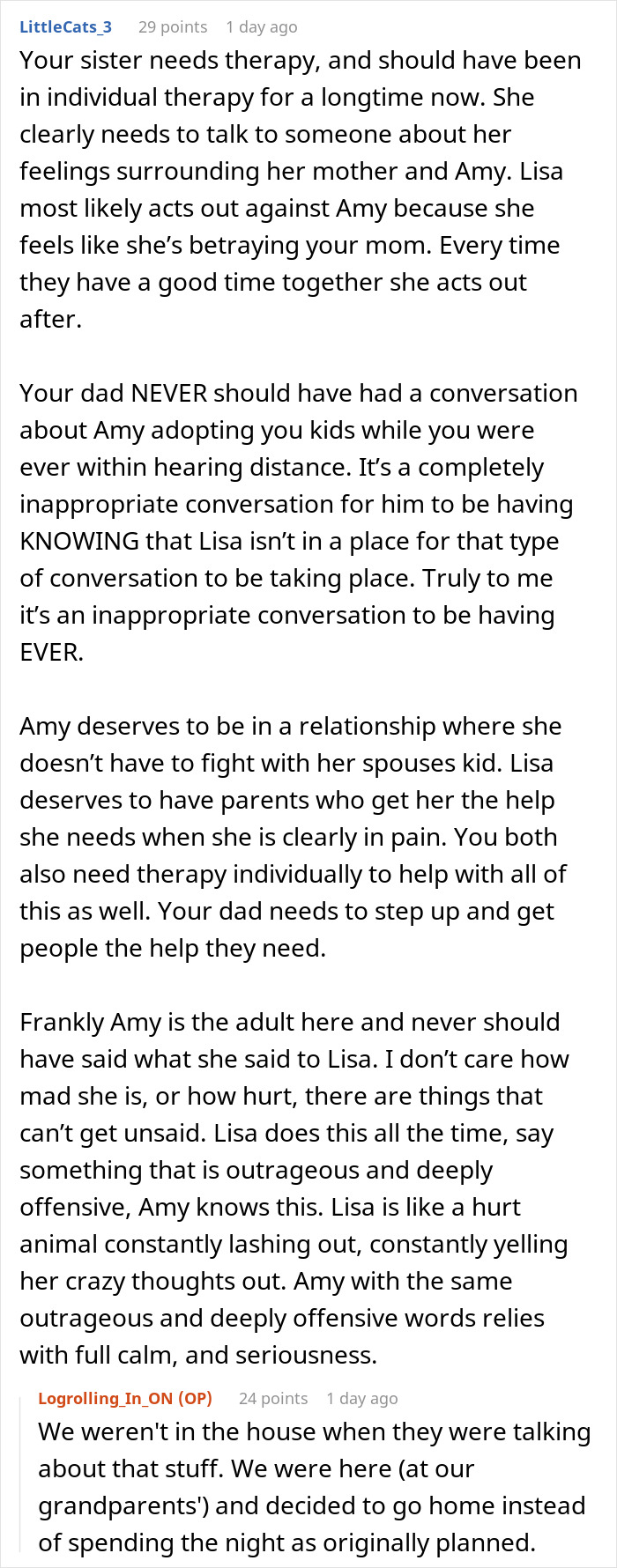 Text conversation discussing widowed dad finding love again and challenges with his teen daughter&rsquo;s jealousy affecting family dynamics.