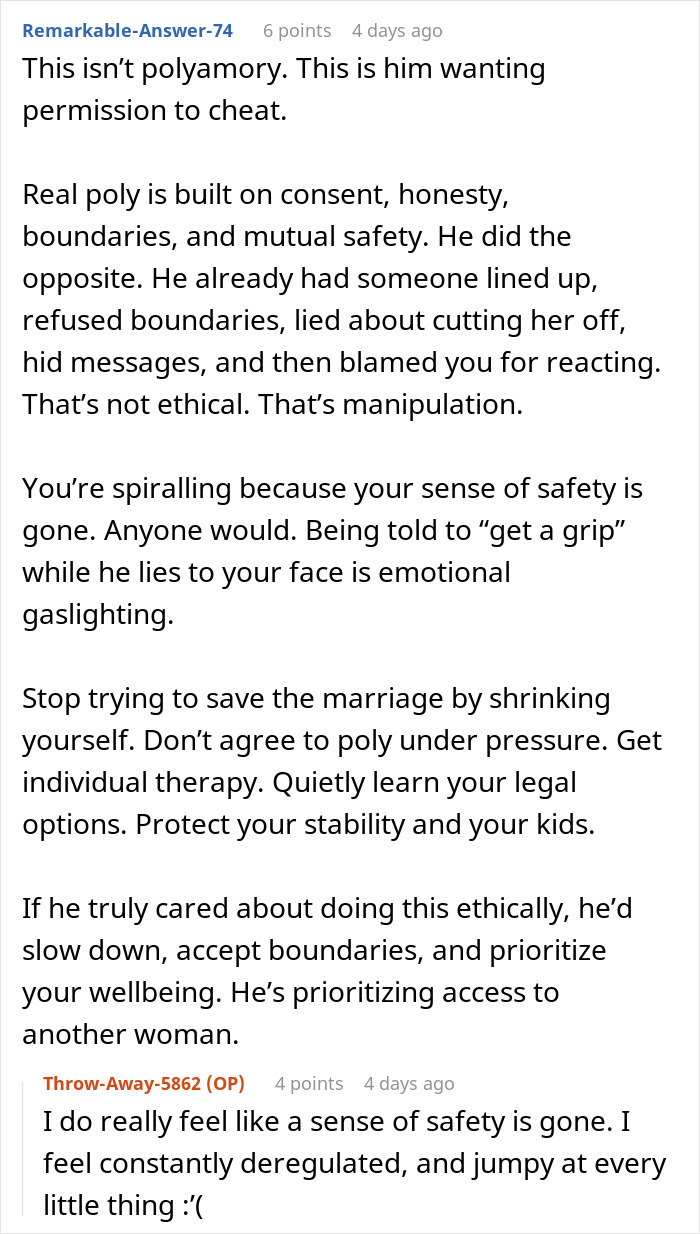 Comment discussing man-poly relationship issues with emphasis on trust, boundaries, and a depressed wife's emotional safety.