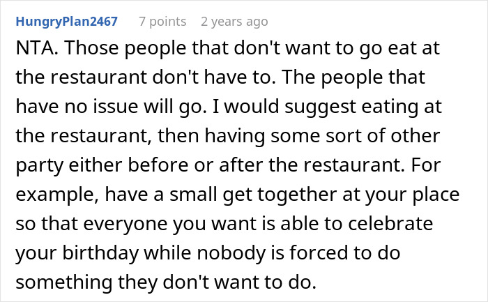 Comment discussing a woman tired of her friend&rsquo;s strict diet and how to handle birthday celebrations without enforcing the diet.