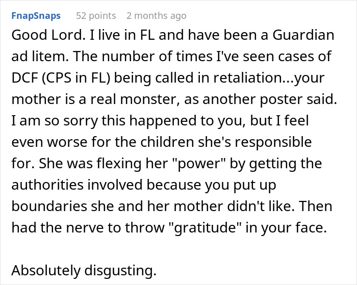 Comment discussing a mother retaliating against postpartum boundaries by involving authorities in a harmful way.