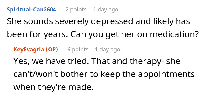 Comment thread showing a discussion about severe depression and challenges with medication and therapy appointments.