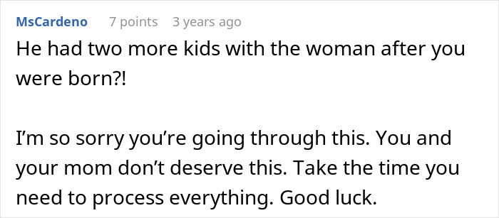 Comment expressing sympathy for a woman learning her father had a secret son, causing family conflict and emotional struggle.