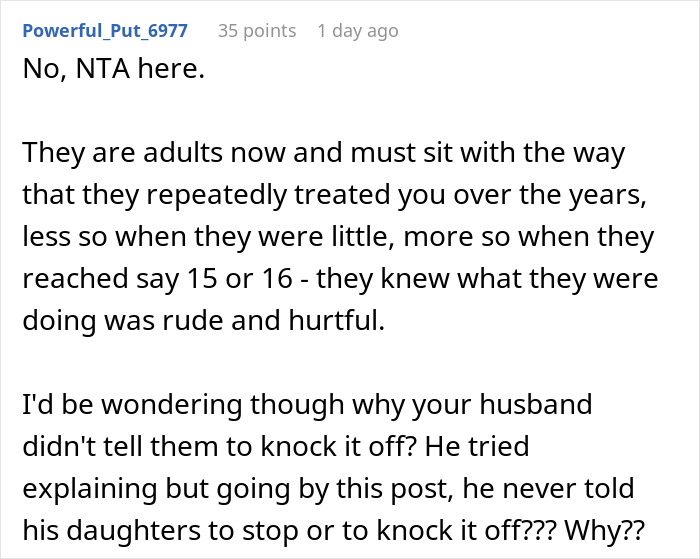 Screenshot of an online comment discussing stepdaughters' cheating, lies, and impacts on a broken relationship.