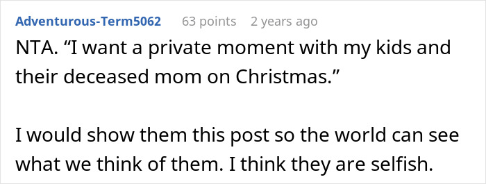 Comment from user defending private family visits to late wife’s grave amid drama when kids’ spouses want to join. Comment from user defending private family visits to late wife’s grave amid drama when kids’ spouses want to join.