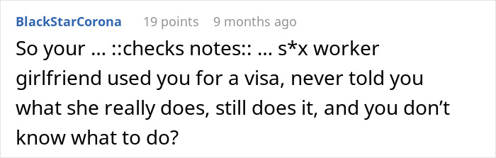 Screenshot of a forum comment discussing a wife faking a transaction to hide income source in a personal situation.