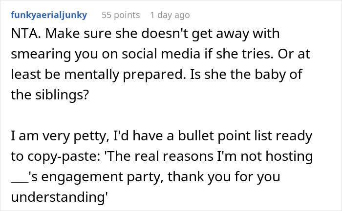 Screenshot of Reddit comment discussing a woman who asks favors from family but doesn't reciprocate help.