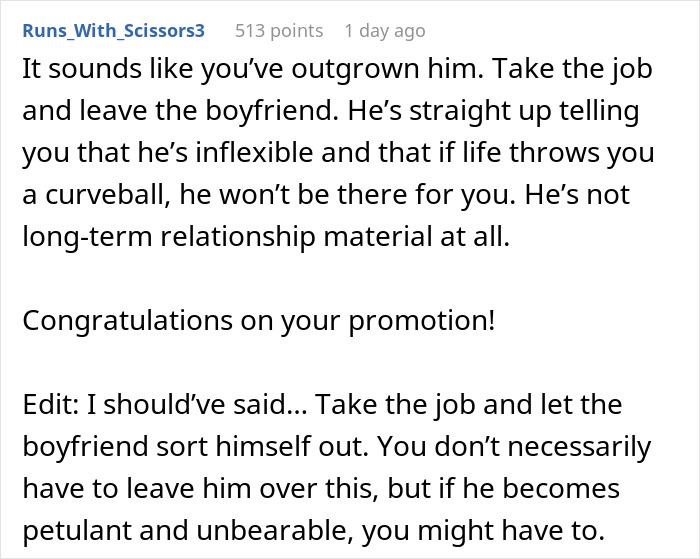 Screenshot of an online comment advising a woman to leave her boyfriend, mentioning success as a threat to his envisioned life.