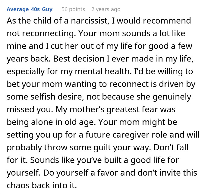 Screenshot of a forum comment discussing a woman wanting to reconcile with her son after 32 years.