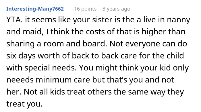 Comment discussing sister refusing to babysit and clean, highlighting challenges of child-free living and caregiving roles.