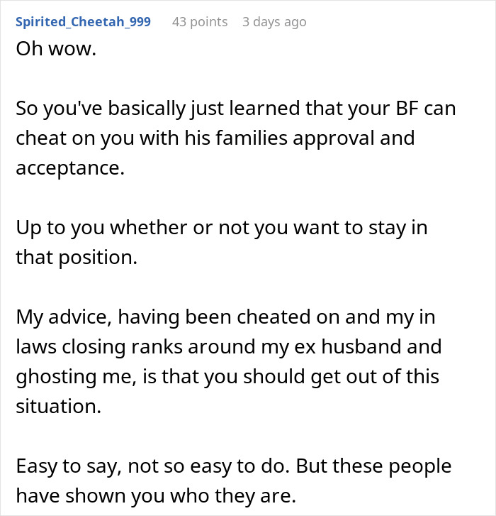 Comment discussing family approval of son's mistress while wife remains unaware of the situation at home.