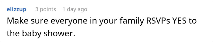 Comment urging family members to RSVP yes to the baby shower amidst groom&rsquo;s brother causing drama on wedding day.