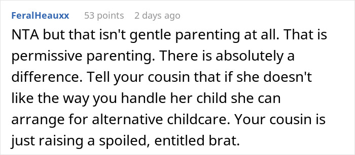Reddit comment discussing permissive parenting and a spoiled, entitled 3-year-old cousin's behavior issues.