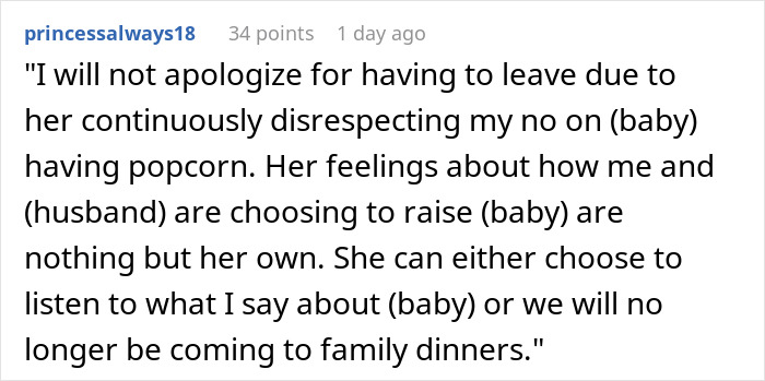 User comment about rude mother disrupting family dinner by disrespecting parenting choices regarding baby popcorn.