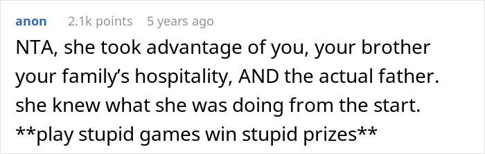 Text excerpt from online comment section discussing a woman realizing her late brother's baby's paternity and impacting her sister-in-law.