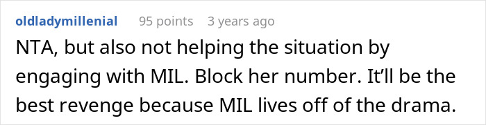 Comment on Reddit about not helping the situation with MIL, advising to block her number to avoid drama stress for nurse.