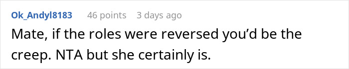 Comment discussing a woman calling a guy a creep after he asks her to stop filming him at the gym.