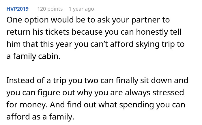 ALT text: Woman panics after partner who makes five times her salary leaves son without a ski pass, causing family stress and financial strain.