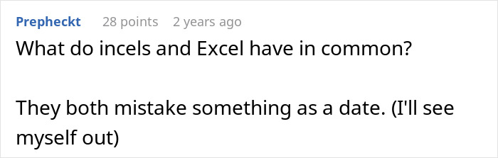 Screenshot of a Reddit comment humorously comparing incels and Excel, highlighting incel forum culture and language.