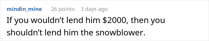 Comment text discussing a woman refusing to lend her new snow blower to a neighbor she never met before.