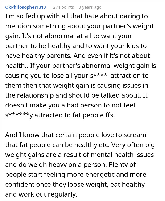Reddit comment discussing struggles with accepting a spouse&rsquo;s weight gain and its impact on relationship attraction.