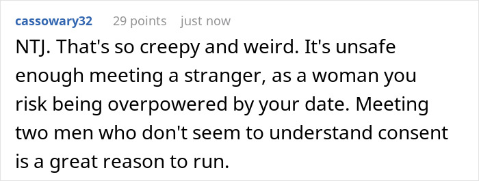 Comment warning about safety concerns when a nervous guy brings his bestie to chaperone his first date.