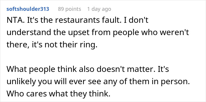 Comment discussing a planned proposal gone wrong after the ring ended up in another woman's dessert at a restaurant.