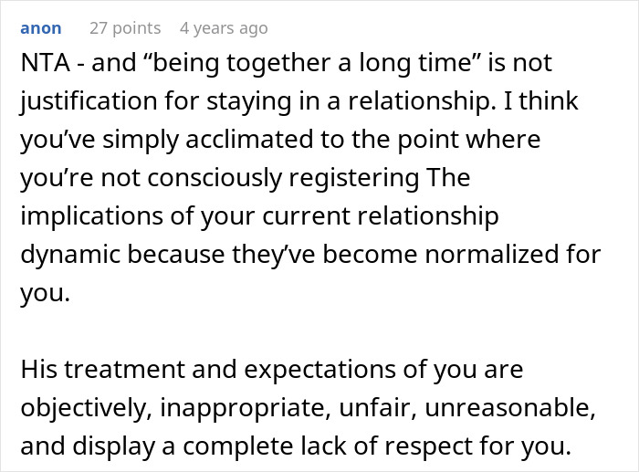 Screenshot of a Reddit comment discussing a man complaining about paying the price and eating fast food while wife works longer shifts.