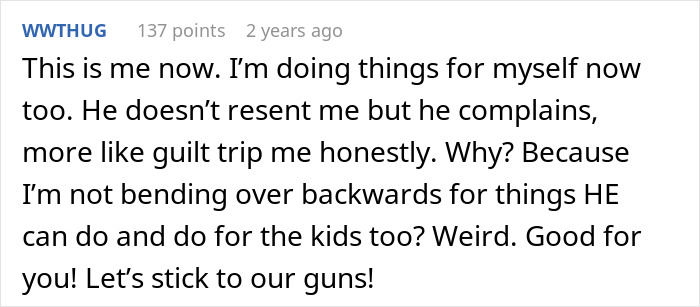 Comment text showing a wife standing up for herself after her husband's submissive nature is taken advantage of.