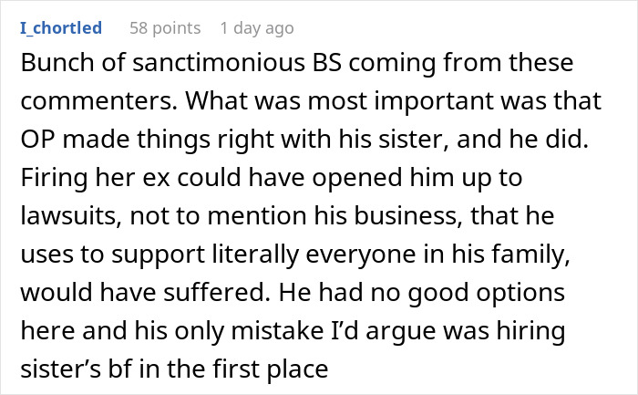 Screenshot of an online comment discussing sister relationship drama involving a cheater at work and family business issues.