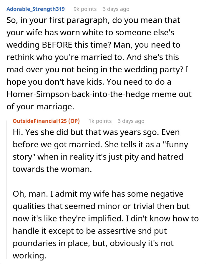 Reddit conversation discussing husband leaving wife after she reveals her outfit plans for brother's wedding.