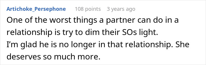 Comment highlighting relationship advice about dimming a partner's personality, related to man wanting GF to stop dressing like Ms. Frizzle.