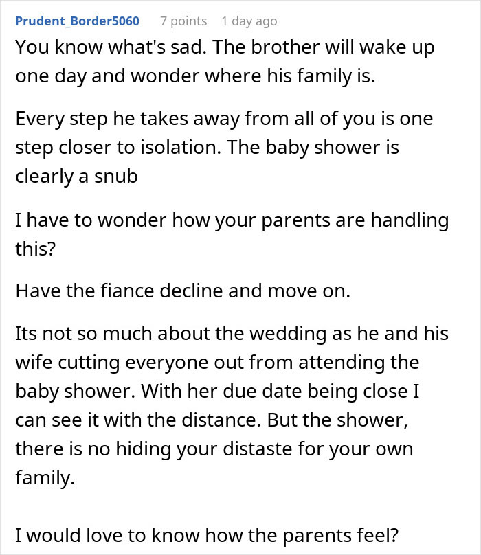 Reddit comment discussing groom&rsquo;s brother bringing drama and hosting a baby shower on the same day as the wedding.