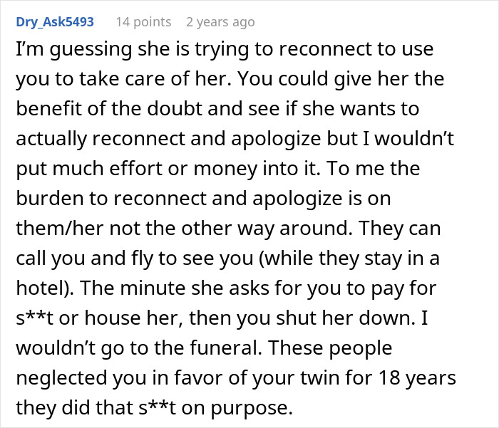 Comment discussing a woman wanting to reconcile with son after 32 years and his reasons for hesitation.
